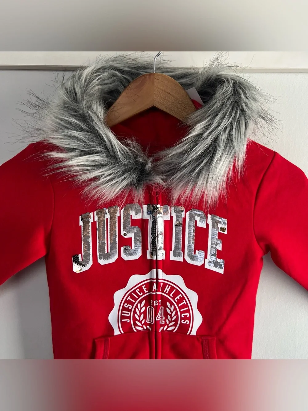 Justice Active Girls Size 8 Hoodie Jacket Red Faux Fur Hood Full Zip Sequins